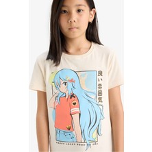 DeFacto Bisiklet Yaka Anime Baskılı Kısa Kollu Tişört Kız Çocuk E0350A825SM