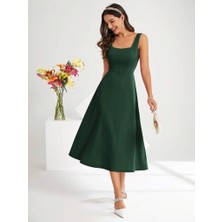 Hobidünyasıelif Kadın Askılı Kare Yakalı Midi Ithal Krep Elbise