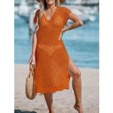 Hobidünyasıelif Kadın Sıfır Kol V Yaka Yanı Derin Yırtmaçlı Midi Boy Triko Elbise