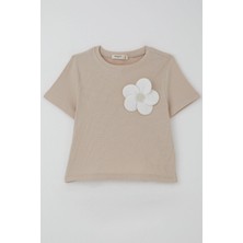 Breeze Kız Çocuk Tişört Çiçek Aksesuarlı Inci Detaylı 9-14 Yaş, Bej