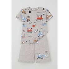 Breeze Erkek Çocuk Şortlu Takım Eğlenceli Iş Makineleri Desenli 1.5-5 Yaş, Bej Melanj