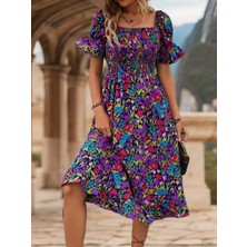 Hobidünyasıelif Kadın Kısa Kollu Kare Yakalı Beli Lastikli Çiçek Desenli Mini Süprem Elbise