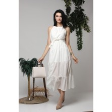 Hobidünyasıelif Ekru Halter Yakalı Kuşaklı Elbise