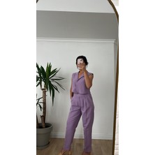 Lila Çıt Çıt Detaylı Takım Pantolon Yelek