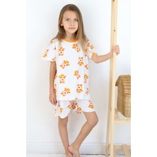 Breeze Kız Çocuk Şortlu Pijama Takımı Kalpli Bebek Ayıcık Desenli 4-8 Yaş, Beyaz