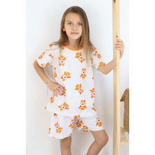 Breeze Kız Çocuk Şortlu Pijama Takımı Kalpli Bebek Ayıcık Desenli 4-8 Yaş, Beyaz