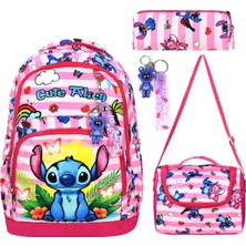 Stitch Pembe Karakterli Üçlü Kız Çocuk Ilkokul Okul Çantası Stiç (Çanta Termal Beslenme Kalemlik)