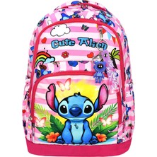 Stitch Pembe Karakterli Üçlü Kız Çocuk Ilkokul Okul Çantası Stiç (Çanta Termal Beslenme Kalemlik)