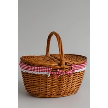 Yunusoğlu Home Kırmızı Ekoseli Kapaklı Piknik Sepeti 40X30X19 cm – Hasır Görünümlü Termoform Sepet