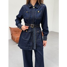 Premium Kalite Kemer ve Cep Detaylı Tasarım Ikili  Denim Takım Pantolon Ceket Ikili Kot Takım