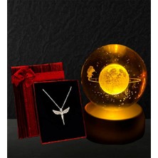 3D Satürnlü Kız Işıklı Cam Küre & Gümüş Kaplama Melek Kolye Hediye Seti