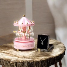 Pembe Atlıkarınca Hareketli Dönen Müzik Kutusu ve Kar Tanesi Temalı Kolye