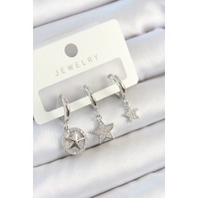 Pirinç Zirkon Taşlı Yıldız Model Gümüş Renk 3'lü Çift Kadın Küpe Set