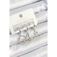 Pirinç Zirkon Taşlı Ay ve Yıldız Model Gümüş Renk 3'lü Çift Kadın Küpe Set