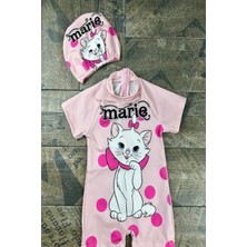 Trend Yeni Sevimli Kedi Baskılı Uzun Kol Fermuarlı Mayo- Boneli 2 Parça Güneş Koruma Kız- Mayo