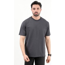 Erkek Bisiklet Yaka Pamuklu T-Shirt Antrasit - 2610
