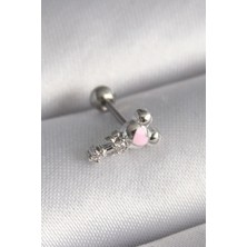 316L Çelik Gümüş Renk Zirkon Taş Detay Pembe Kalp Işleme Tragus Piercing