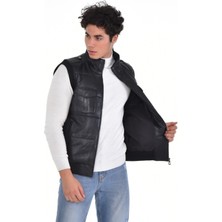 Deri Work Hakiki Deri Siyah Hakim Yaka Dört Cepli Erkek Deri Yelek