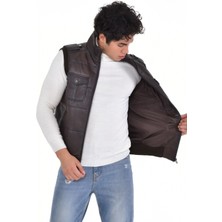 Deri Work Hakiki Deri Kahverengi Dört Cepli Kapaklı Erkek Deri Yelek