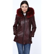 Deri Work Hakiki Deri Bordo Parkson Kürklü Kadın Ceket