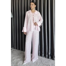 Gülseli Ön Bağlamalı Çizgili Bluz Pantolon Ikili Takım P-00017572