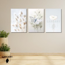 Gaagart 3'lü Kanvas Salon Tablosu Seti Beyaz Soft Kelebek Tüy ve Çiçek