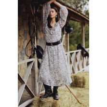 DeFacto Fırfırlı Yaka Etnik Desenli Şifon Uzun Kollu Midi Elbise E7169AX25SP