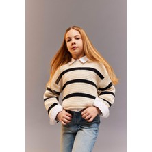 DeFacto Bisiklet Yaka Çizgili Ajurlu Triko Kazak Kız Çocuk D9215A825SP