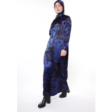 Harika Wear Modern ve Zarif Tasarım Mavi ve Siyah Detaylı Lüks Elbise–(Sadece Elbise)