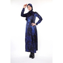 Harika Wear Modern ve Zarif Tasarım Mavi ve Siyah Detaylı Lüks Elbise–(Sadece Elbise)