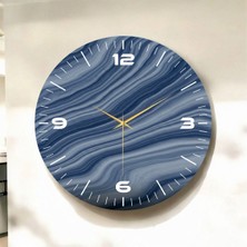 Mavi Renkli Baskı Ebru Desenli Sayılı Hediyelik Ahşap Sessiz Duvar Saati 45CM