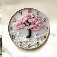 Renkli Baskı Ağaç Doğa Desenli Sayılı Hediyelik Ahşap Sessiz Duvar Saati 45CM