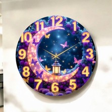 LED Görünümlü Renkli Baskı Hilal ve Kelebek Desenli Sayılı Hediyelik Ahşap Sessiz Duvar Saati 45CM
