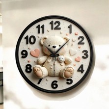 Renkli Baskı Ayıcık Çocuk Desenli Sayılı Hediyelik Ahşap Sessiz Duvar Saati 45CM