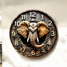 Fil Tasarımlı Renkli Kabartma Görünümlü Baskı Desenli Sayılı Hediyelik Ahşap Sessiz Duvar Saati 45CM