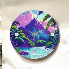 Dağ Doğa Renkli Baskı Desenli Sayılı Hediyelik Ahşap Sessiz Duvar Saati 45CM