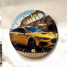 Renkli Baskı Sarı Araba Desenli Sayılı Hediyelik Ahşap Sessiz Duvar Saati 45CM