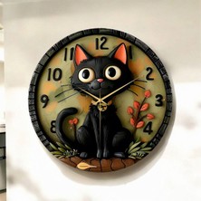 Renkli Baskı Kedi Çocuk Desenli Sayılı Hediyelik Ahşap Sessiz Duvar Saati 45CM
