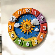 Renkli Baskı Güneş Çocuk Desenli Sayılı Hediyelik Ahşap Sessiz Duvar Saati 45CM