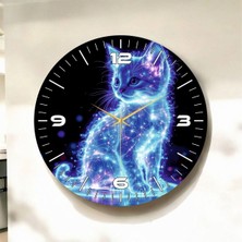 Uzay Kedisi Renkli Baskı Desenli Sayılı Hediyelik Ahşap Sessiz Duvar Saati 45CM