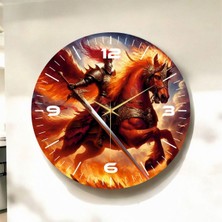 Renkli Baskı At Savaşcı Desenli Sayılı Hediyelik Ahşap Sessiz Duvar Saati 45CM