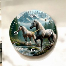 Renkli Baskı At Desenli Sayılı Hediyelik Ahşap Sessiz Duvar Saati 45CM