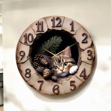 Ahşap Kabartma Görünümlü Renkli Baskı Kedi Desenli Sayılı Hediyelik Ahşap Sessiz Duvar Saati 45CM