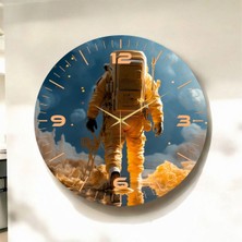 Renkli Baskı Uzay Astronot Desenli Sayılı Hediyelik Ahşap Sessiz Duvar Saati 45CM