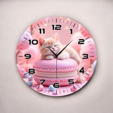 Pembe Kedi Renkli Baskı Hayvan Desenli Sayılı Hediyelik Ahşap Sessiz Duvar Saati 50CM