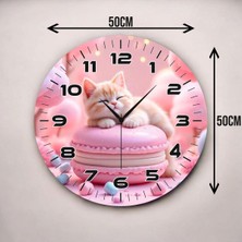 Pembe Kedi Renkli Baskı Hayvan Desenli Sayılı Hediyelik Ahşap Sessiz Duvar Saati 50CM