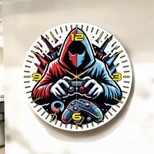 Renkli Baskı Gamer Oyuncu Desenli Sayılı Hediyelik Ahşap Sessiz Duvar Saati 45CM