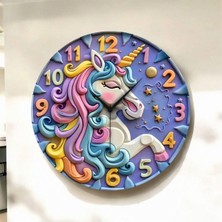Renkli Baskı At Çocuk Desenli Sayılı Hediyelik Ahşap Sessiz Duvar Saati 45CM