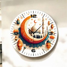 Renkli Baskı Dini Desenli Sayılı Hediyelik Ahşap Sessiz Duvar Saati 45CM