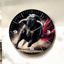 Boğa Hayvanlı Siyah Renkli Baskı Desenli Sayılı Hediyelik Ahşap Sessiz Duvar Saati 45CM